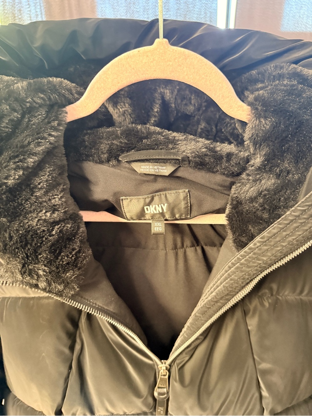 DKNY Black Quilted Puffer Jacket with Faux-Fur Trim